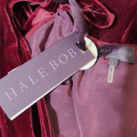 HALE BOB Silk Velvet Cold Shoulder Blouson Dress Tie Shoulder L‎ Cranberry NWT - Picture 11 of 16